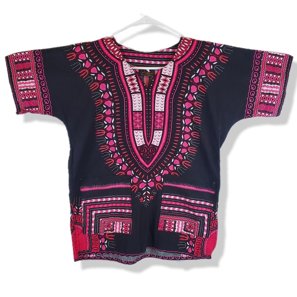 Womens Medical Uniform Scrub Top Shirt Size XS Black Pink Indian Tribal Tunic